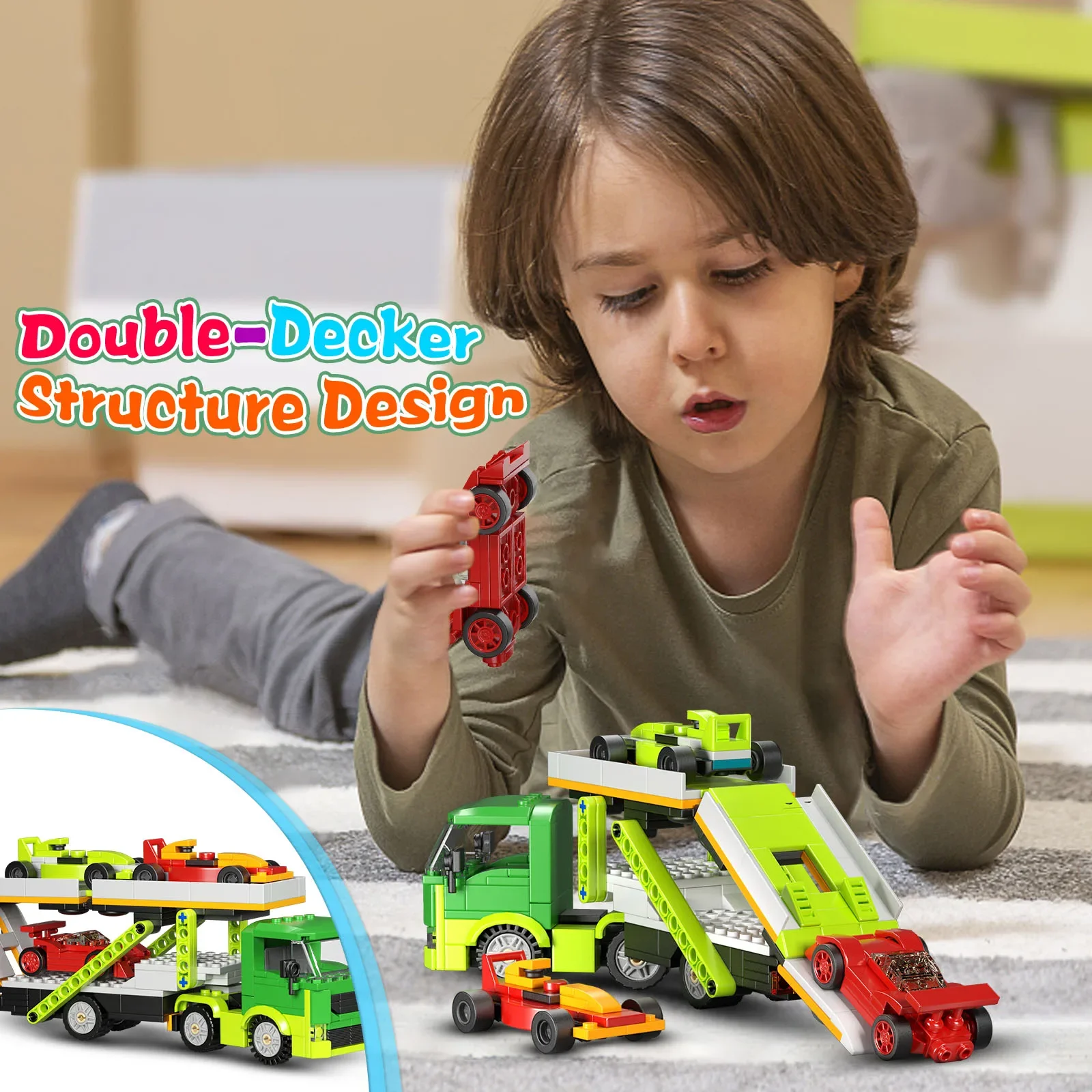 MOC Racing Transporter Trucks Van Sports Cars Vehicle Building Blocks Set con Manual de papel y caja, regalos para niños