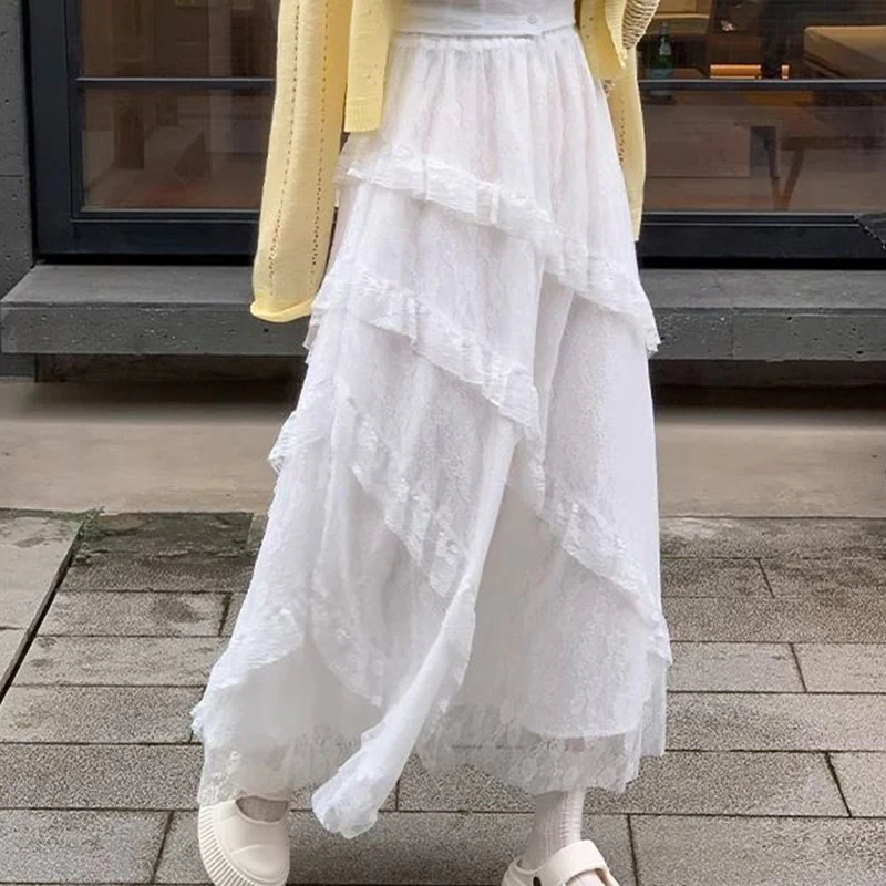 Elegant Mesh Lace Spliced Midi Skirts Women New Irregular Wooden Ear Edge Twill Ankle-Length Skirt Simple Versatile White Skirt