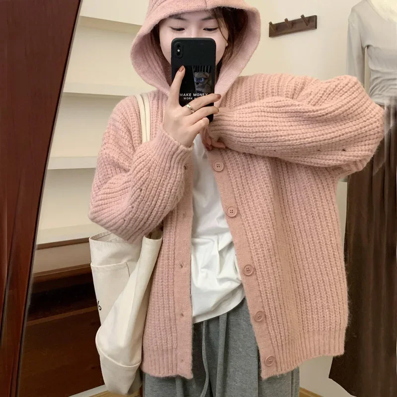 

Women's Knit Cardigan Sweater Hooded Knit Sweater Loose Warm Short Sweater Cardigan V-Neck Knitted Tops Lazy Wind Female Tops