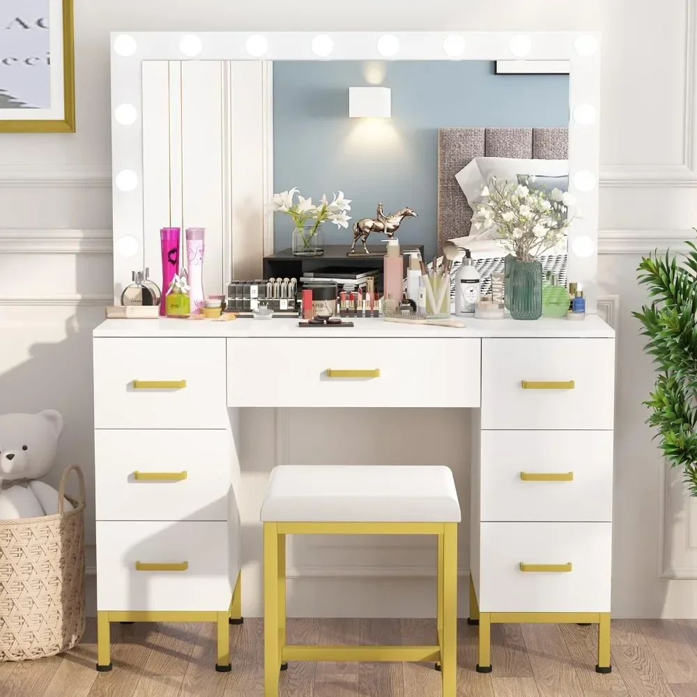 for Set with Lighted Mirror, Makeup Vanity with  LED Bulbs, Cushioned Stool &Drawers