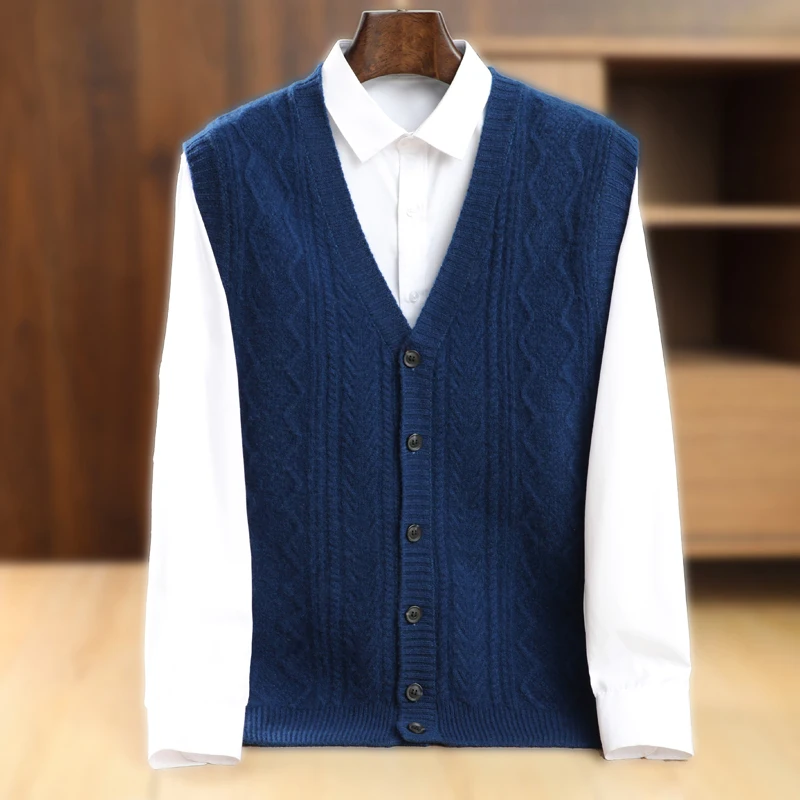 Men's V-neck Waistcoat Sleeveless Sweater Wool Cardigan Vest Autumn Winter Cashmere Twist Flower 100% Merino Wool Knitwear Tops