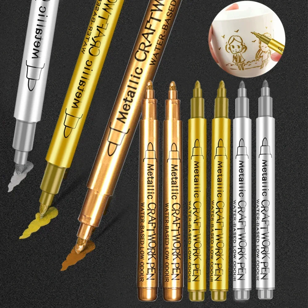 Simple Metallic Marker Pen Gold Silver Color Waterproof Graffiti Pens Craft Scrapbook Drawing Tools Stationery Art Supplies