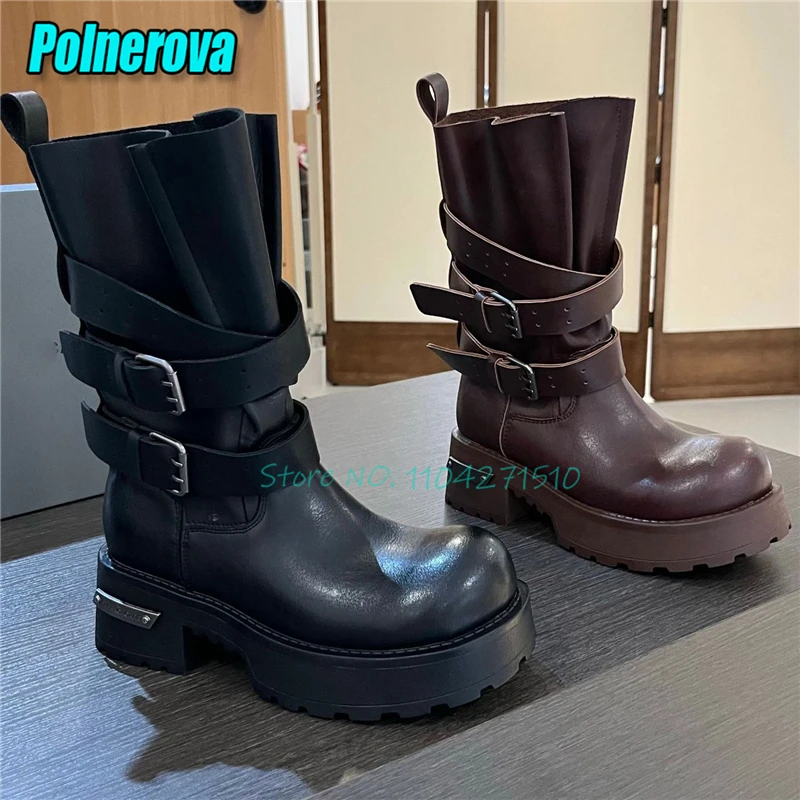 Street Style Thick Soled Motorcycle Boots for Women Double Belt Buckle Platform Chunky Heel Calf Boots Fashion Female Shoes