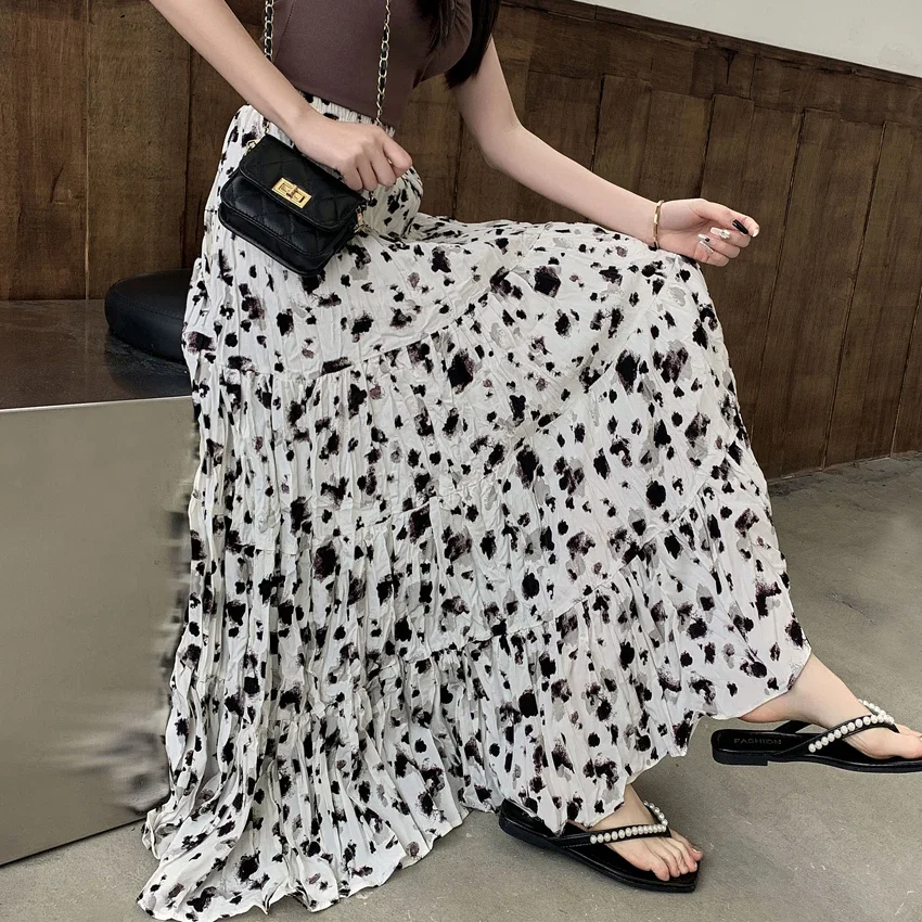 Summer Long A Line Skirts Women Elastic High Waist Folds Bohemian Skirt Sweet Girls Fashion Bottom with Linning