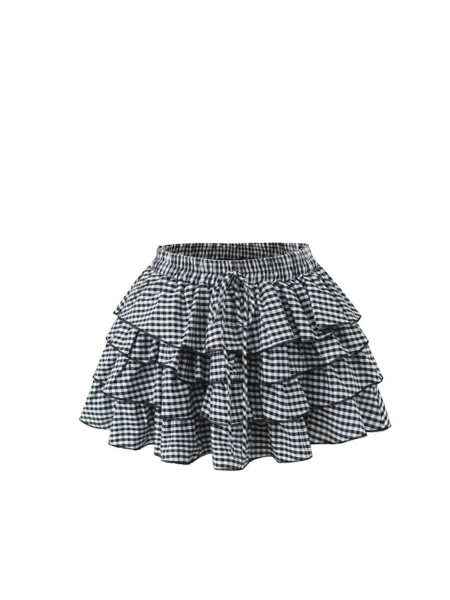 

Summer 2025 Plaid Elastic Waist Cute f Skirt ort Puffy Cake Skirt Women's Street Sle High Waist ort Length