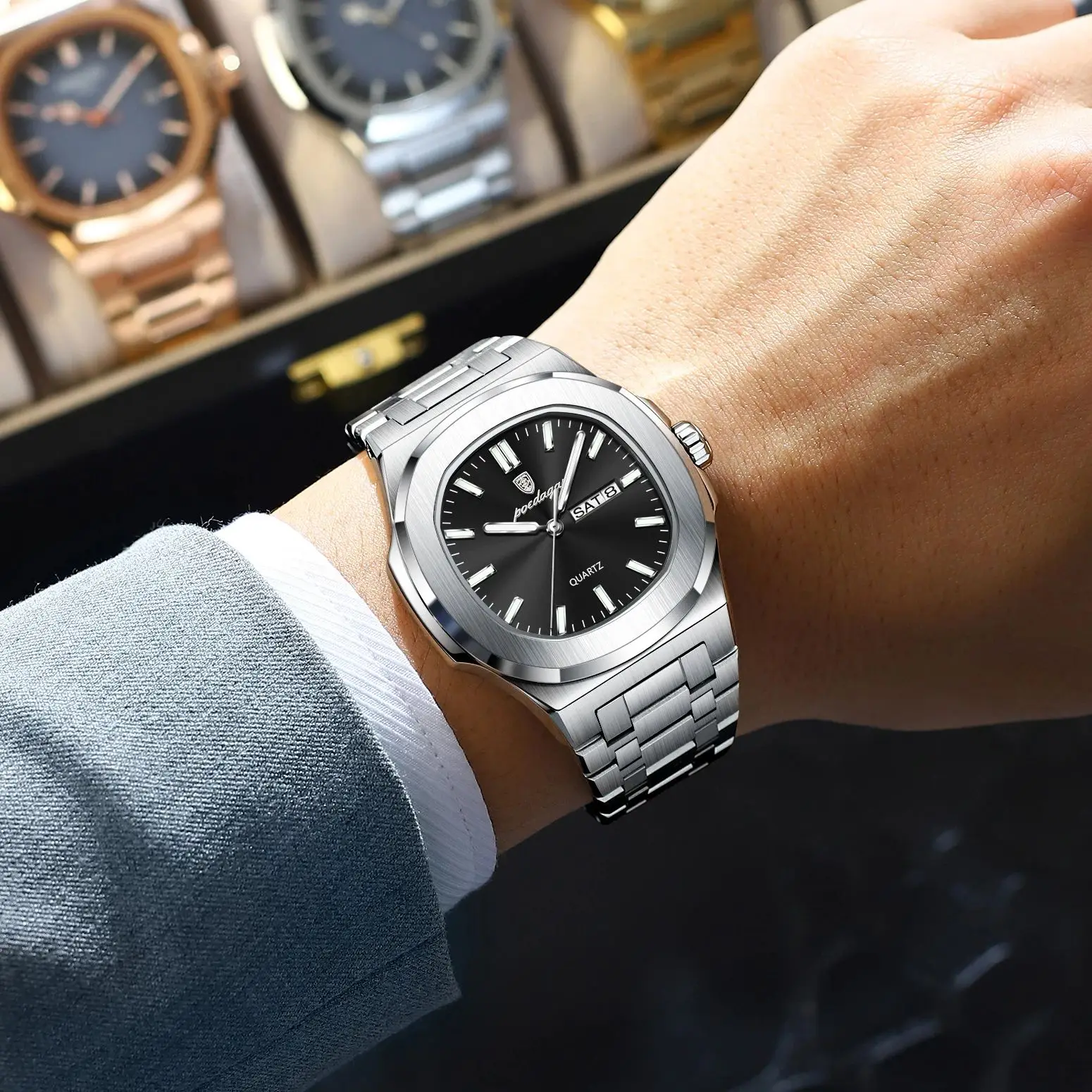 POEDAGAR العلامة التجارية الأصلية ساعة اليد الرجال مضيئة مقاوم للماء الفولاذ المقاوم للصدأ رجل ساعة تاريخ الأسبوع موضة فاخرة ساعات كوارتز رجالية