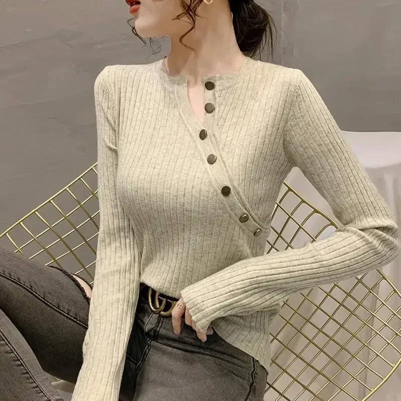 بلوزة كورية عصرية برقبة دائرية وأزرار ملابس نسائية لخريف 2022 بلوفرات غير رسمية جديدة تناسب كل مباراة قميص سيدة المكتب