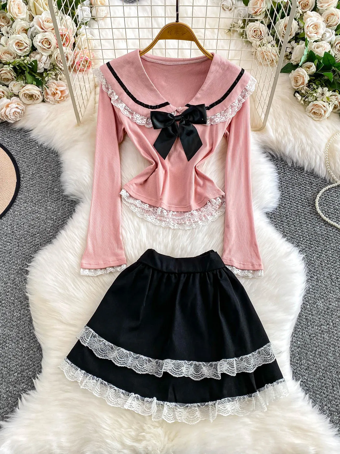 Atasan Rajut Ele Sweet dengan Renda dan Rok Cake High Waist Dua Potong Set Gaya Prancis Kasual untuk Musim Gugur