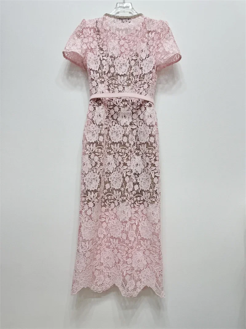 Women\'s Pink Lace Midi Dress Bow Diamond Buttons Short Sleeve O-Neck Sweet Autumn 2024 Robe with Sashes