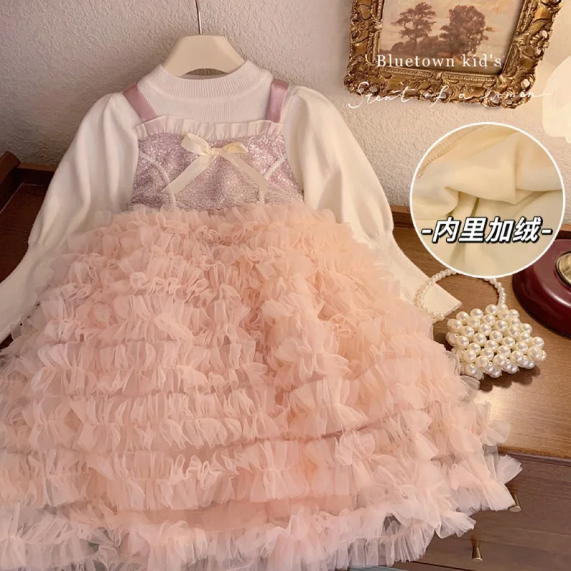 2024Girls New Autumn and Winter High-End Temperament Dress Shiny Crystal Bow Pink Princess Dress