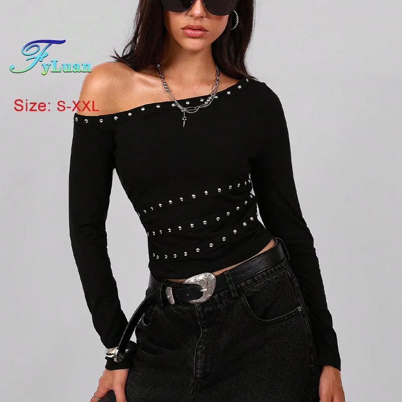 

Новая футболка с наклонными плечами, женский укороченный топ с длинными рукавами, пикантный стиль для девочек, утягивающая черная базовая рубашка, женский модный пуловер