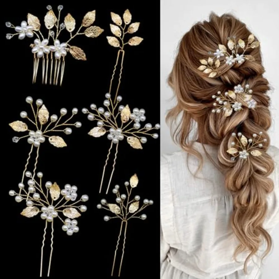 

6 Pieces Bridal Wedding Hair Pins Gold Leaf Hair Pins Clips Crystal Pearl Flower Headpiece Vintage Wedding Hair Accessories for