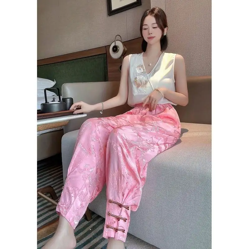 2025 new Chinese syle fashion Chinoiserie casual pants Summer fashion design sense lady women vintage cheongsam trousers