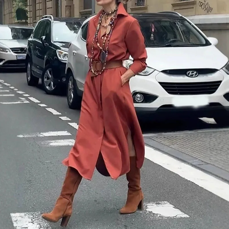 Nieuwe eenvoudige effen kleur pocket maxi-jurk elegant temperament losse kantoorjurken herfst dames revers shirtjurk met lange mouwen