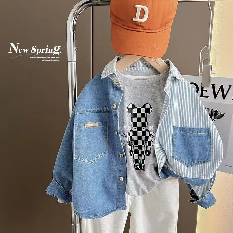 

2024 Spring and Autumn New Boys Handsome Stripe Contrast Soft Denim Shirt Children's Baby Thin Shirt Coat