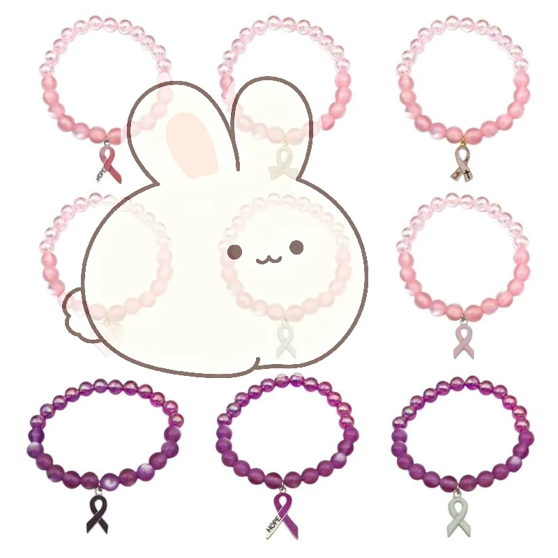 Breast Cancer Awareness Beaded Bracelet 1Pcs Pink Ribbon Elastic Design for Public Welfare Events Female Gift Daily Wear