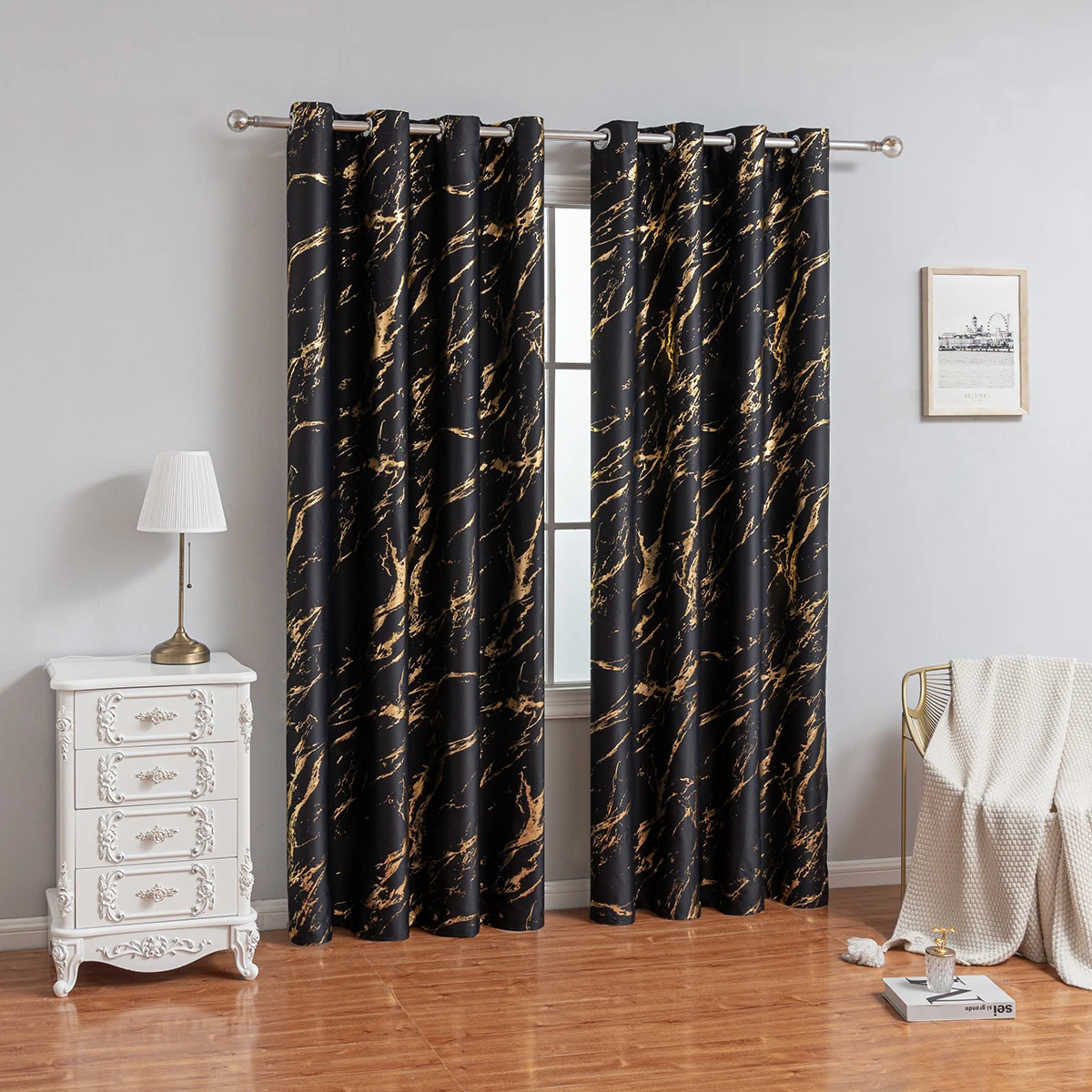 1PC hot stamping marble pattern high-precision perforated blackout curtains, suitable for decorating living room and bedroom