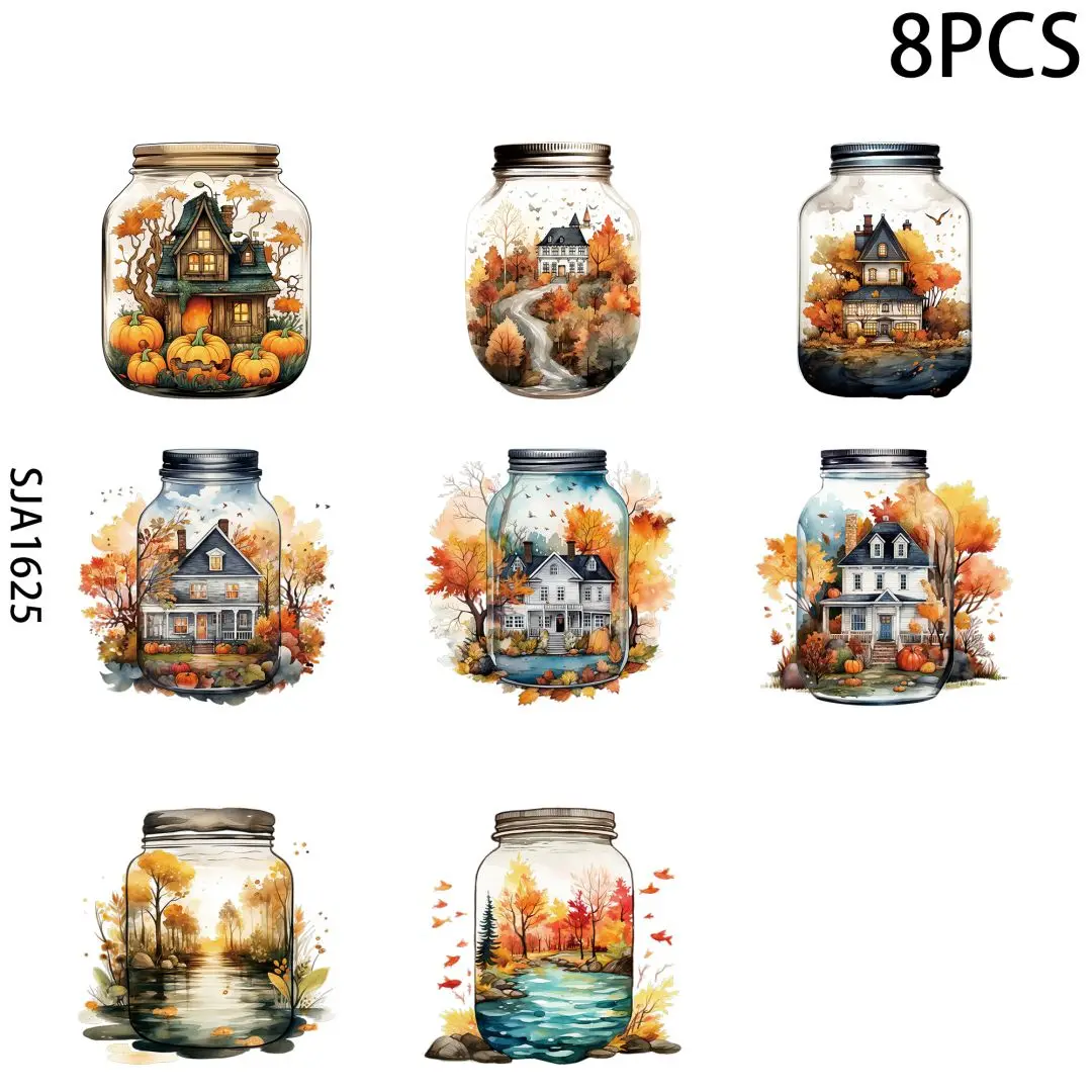 Love tree, jar, pumpkin 8 Sheets UV DTF Cup Wraps Transfer Stickers for Glass, Cartoon Cup Wraps Decal Stickers for Tumbler Cups