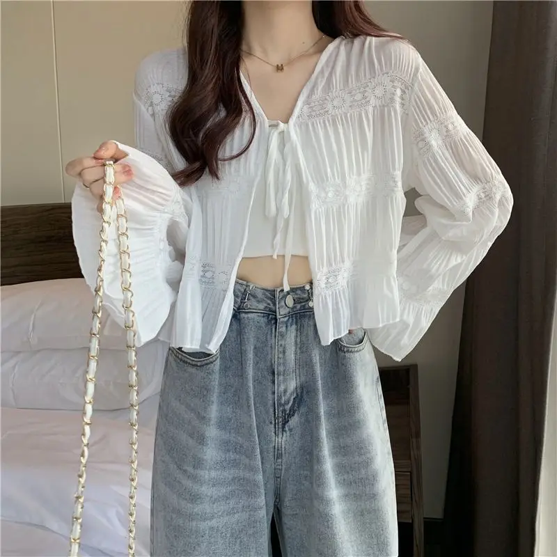 Fairy Style Solid Cardigan Women Summer New Long Sleeve Sunscreen Sweet V-neck Basics Loose Chiffon Cardigan