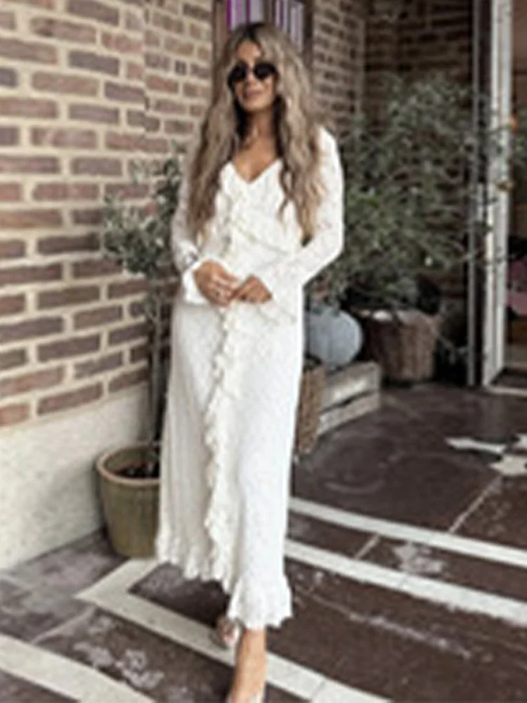 Solid Flared Sleeve Lace Dresses Women's Elegant Irregular Slit V-neck Ruffled Long Dresses 2025 Summer Beach Party Gowns
