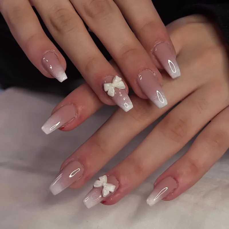 24Pcs Long Ballet Nails Set Press on White Gradient 3D Bow Design Full Cover False Nails Tips Simple Reusable Finished Fake Nail