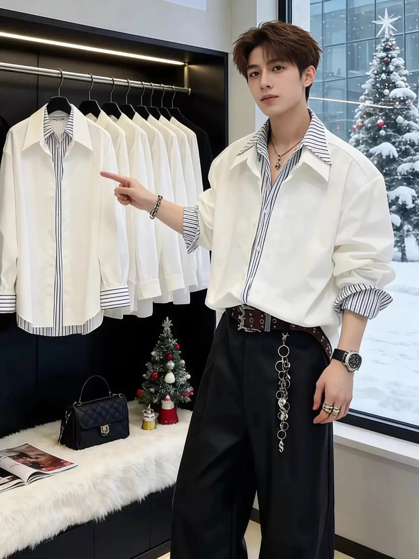 

White Patchwork Striped irt Men's Long Sve Inner Wear Spring Season Casual Sle Breathable Comfortable Non-Sinking