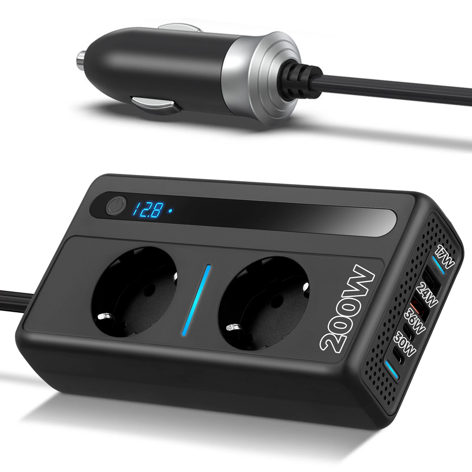 Convertidor de Voltaje para Auto de 200 W, Inversor de CC 12 V a CA 230 V con 2 Tomas de Corriente y 4 Puertos USB, Cargador Rápido para Auto