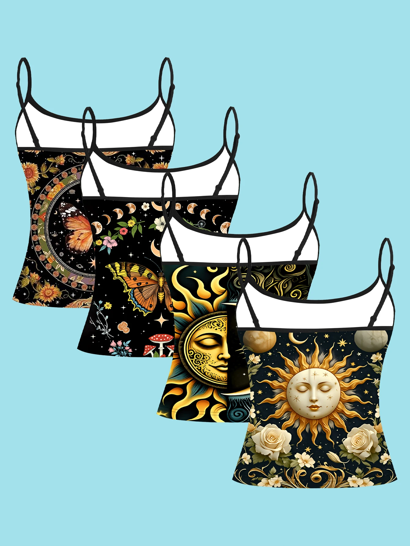 4-Piece Set of Women's Spaghetti Strap Camisoles with All-Over Print of Mysterious Sun, Face, Butterfly, Mushroom, Star, and Moon, Slim-Fit Sleeveless Tops, Bohemian Witch Style Outerwear and Inner Layering Shirts