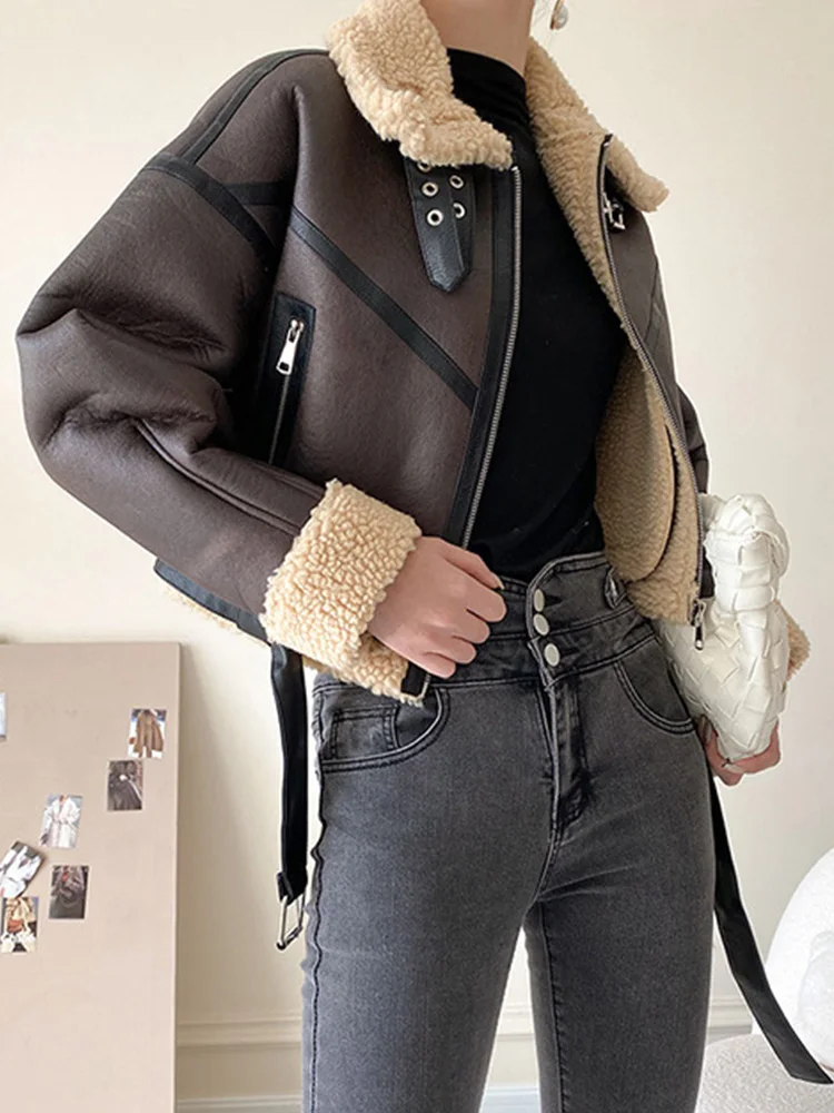 FMFSSOM New Winter Faux Lamb Fur Leather Jacket with Belt Casual Motorcycle Outwear Women High Street Lapel Zipper Short Coat