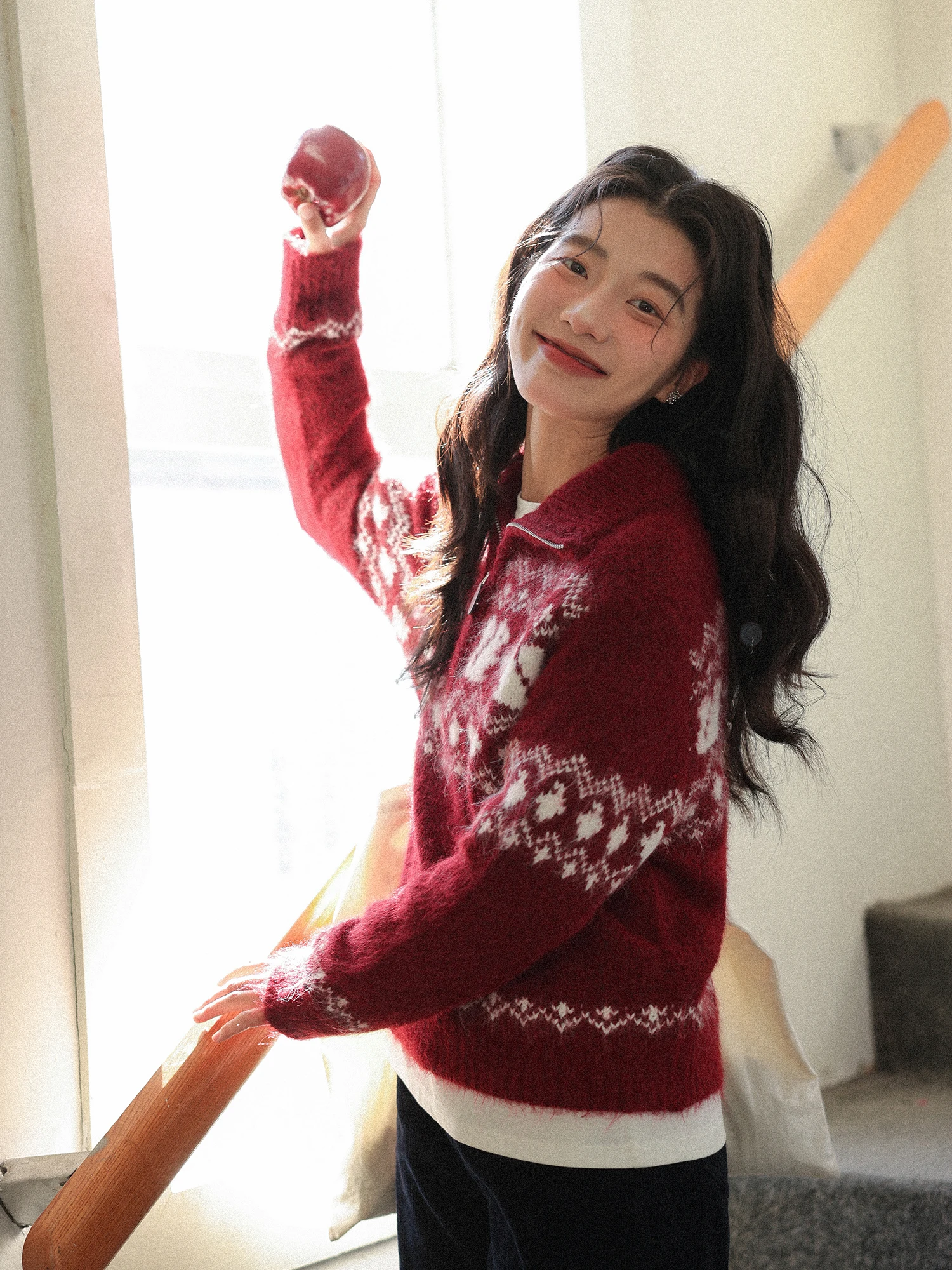 

Red Fair Isle Sweater Women's Winter New Year Lazy Sle Knitted Top f Zip Casual Loose Fit Long Sve Thiened Chinese