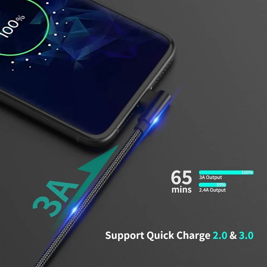 كابل USB C بزاوية 6.6 قدم شحن سريع 3 عبوات 90 درجة USB A إلى USB نوع C سلك طويل 3A متوافق مع Samsung Galaxy No
