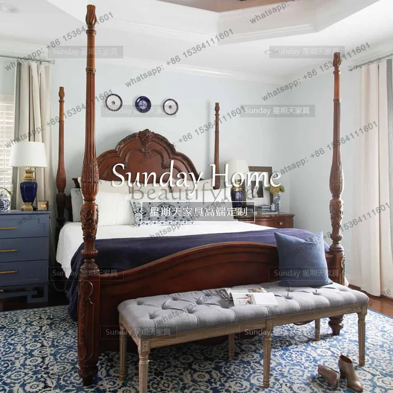 8French retro light luxury neoclassical double bed solid wood pillar bed