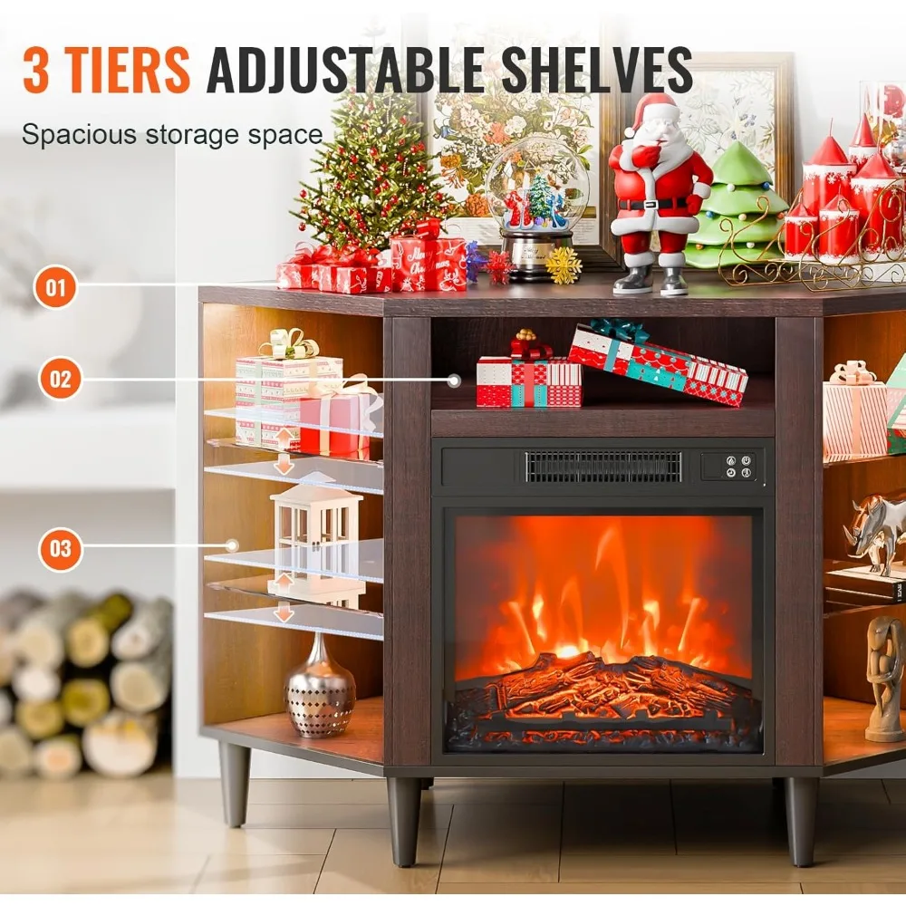 ヴィンテージデザインのコーナー電気暖炉テレビ台、50インチテレビ対応、暖炉18個、LEDライト20個、リモコンとタイマー付き、リビングに最適