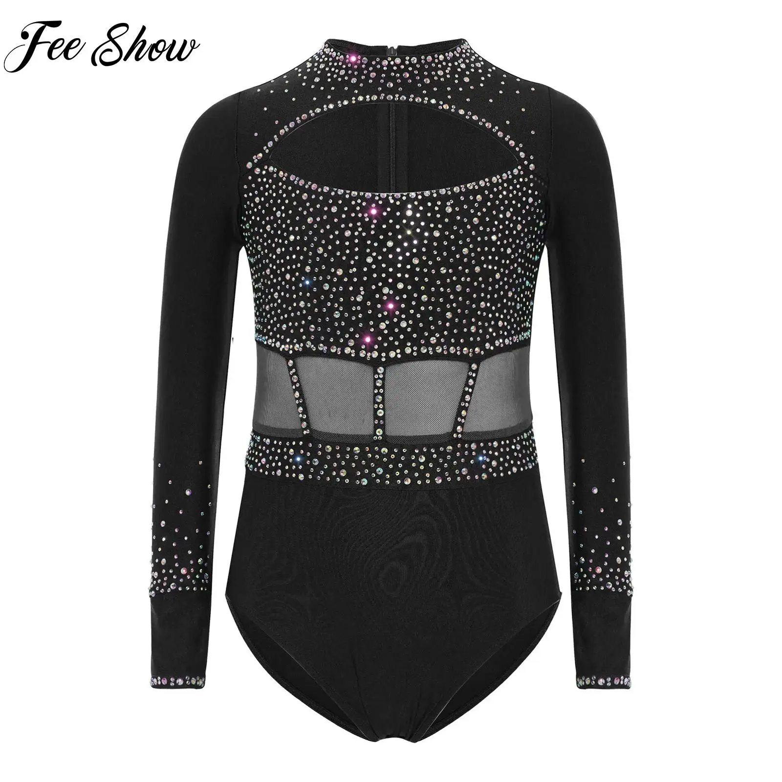 

Children Girls Long Sleeve Cutout Front Ballet Dance Leotard Rhinestones Figure Skating Gymnastics Dance Performance Costumes