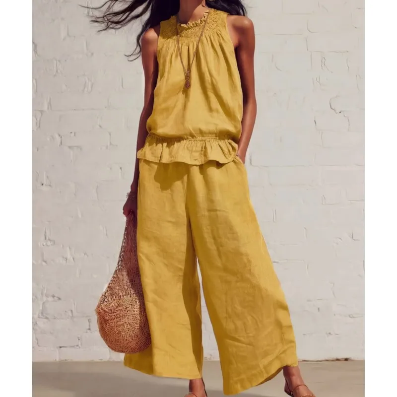 

Elegant Two-piece Set For Women Summer Fashion Pleated Edge Splicing Design Loose Top+wide Leg Pants Suit Lady Office Outfit
