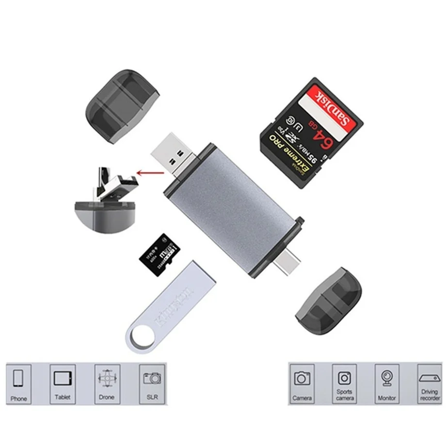 Yigetohde 6 In 1 Usb 2.0 Otg Kaartlezer TYPE-C/Microusb/USB2.0/Tf/Sd-geheugenkaart kaartlezers Voor Computer Laptop Android Telefoon