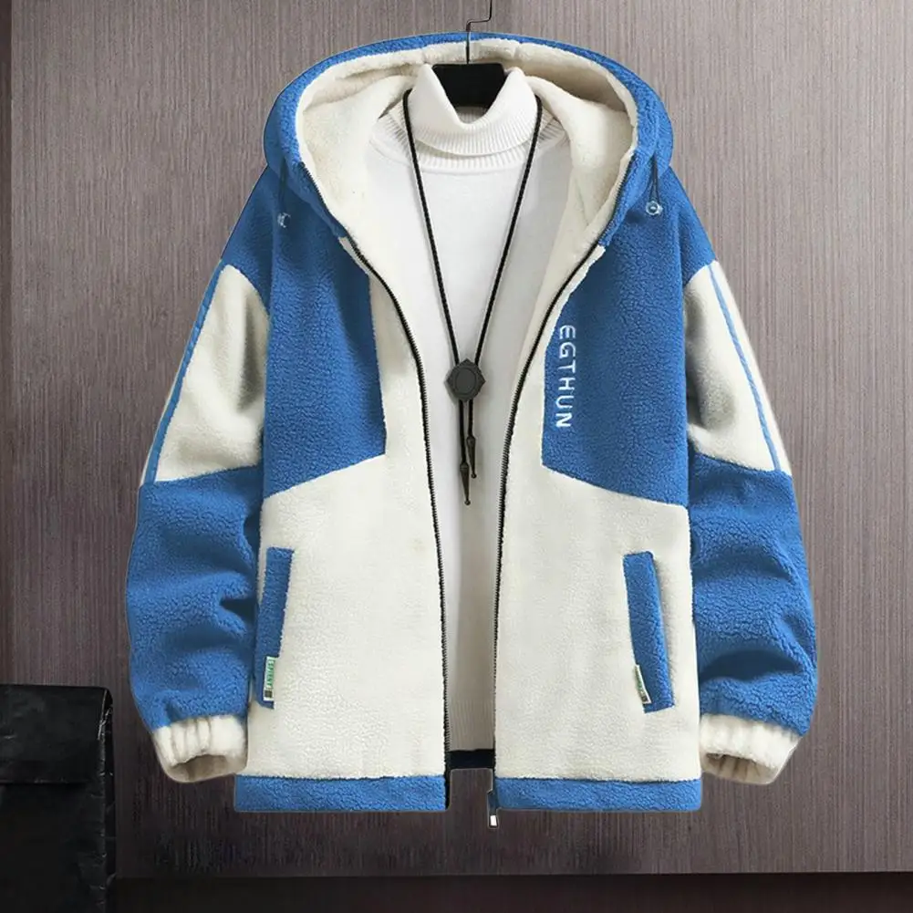 

Men Polar Fleece Jacket Stylish Colorblock Hooded Men's Jacket Warm Plush Resistant with Zipper Closure Long Sleeves Pockets