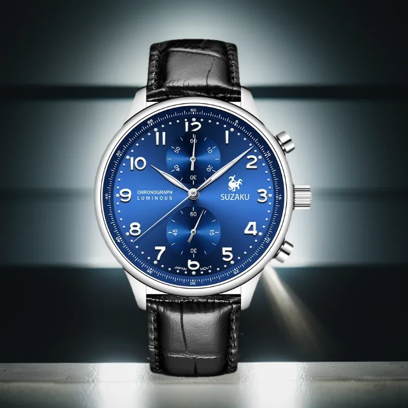 

Новые роскошные брендовые деловые повседневные мужские кварцевые часы SUZAKU, водонепроницаемые, 100-метровые, роскошные кожаные спортивные кварцевые часы с хронографом