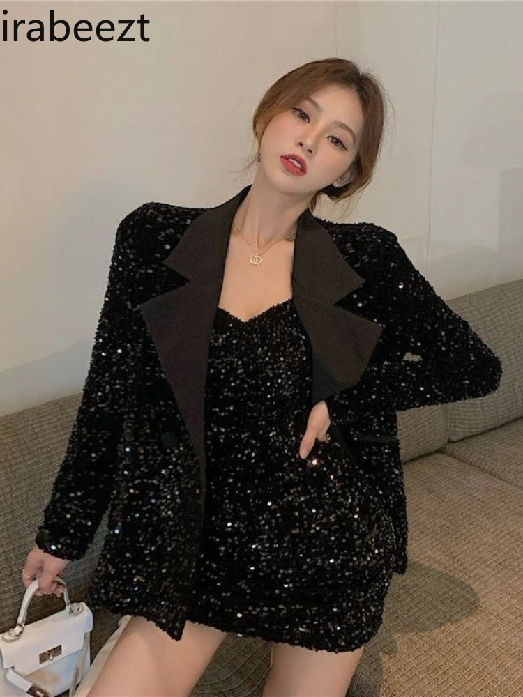 New Women's Sequin Beaded Long Suit Jacket Wrapping Hip Halter Dress Two-piece Set Women Conjuntos Feminino Elegante