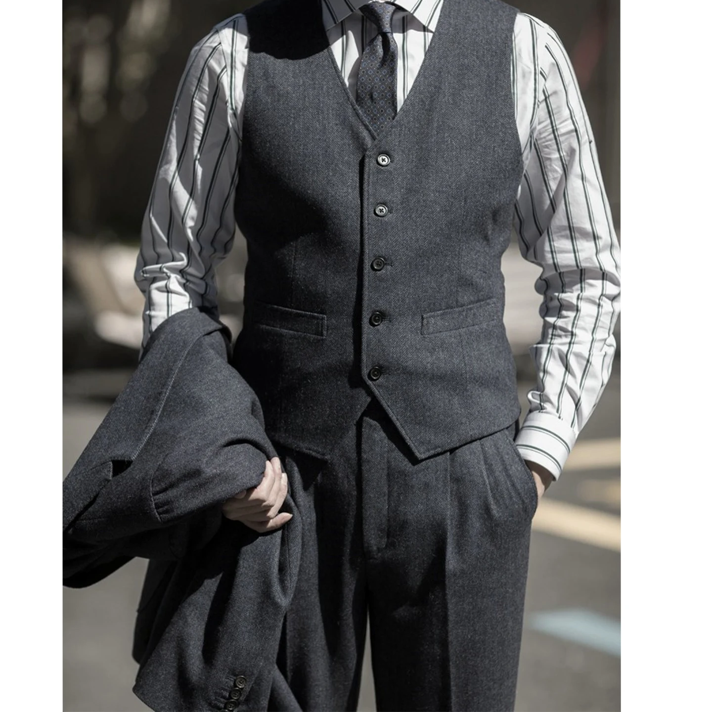 Шерстяной твидовый жилет цвета хаки в стиле ретро с узором «рыбий кости», мужской деловой повседневный приталенный костюм, жилет, жилет