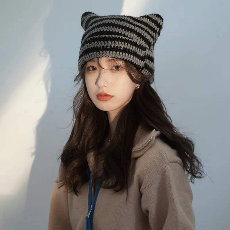 

New Japanese Beanie Hat Ins Little Devil Striped Knitted Wool Cap Autumn Winter Warm Cute Cat Ears Pointed Pullover Women's Hats