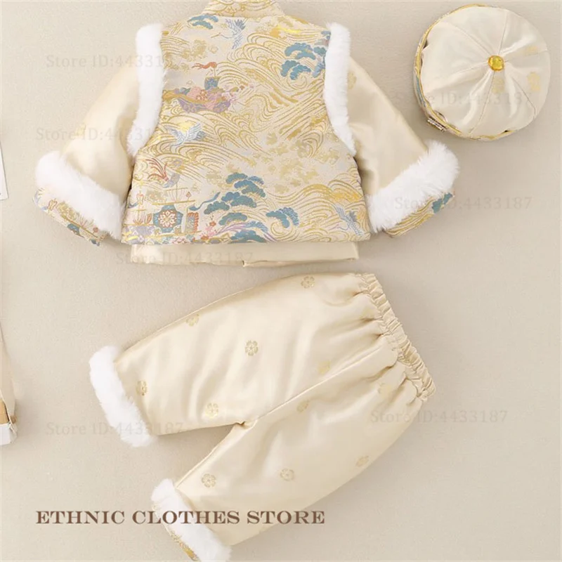 الأولاد طفل مائة يوم تانغ دعوى رشاقته أفخم الديباج Hanfu مجموعة الخريف الشتاء سنة واحدة الزي زي التصوير الملابس