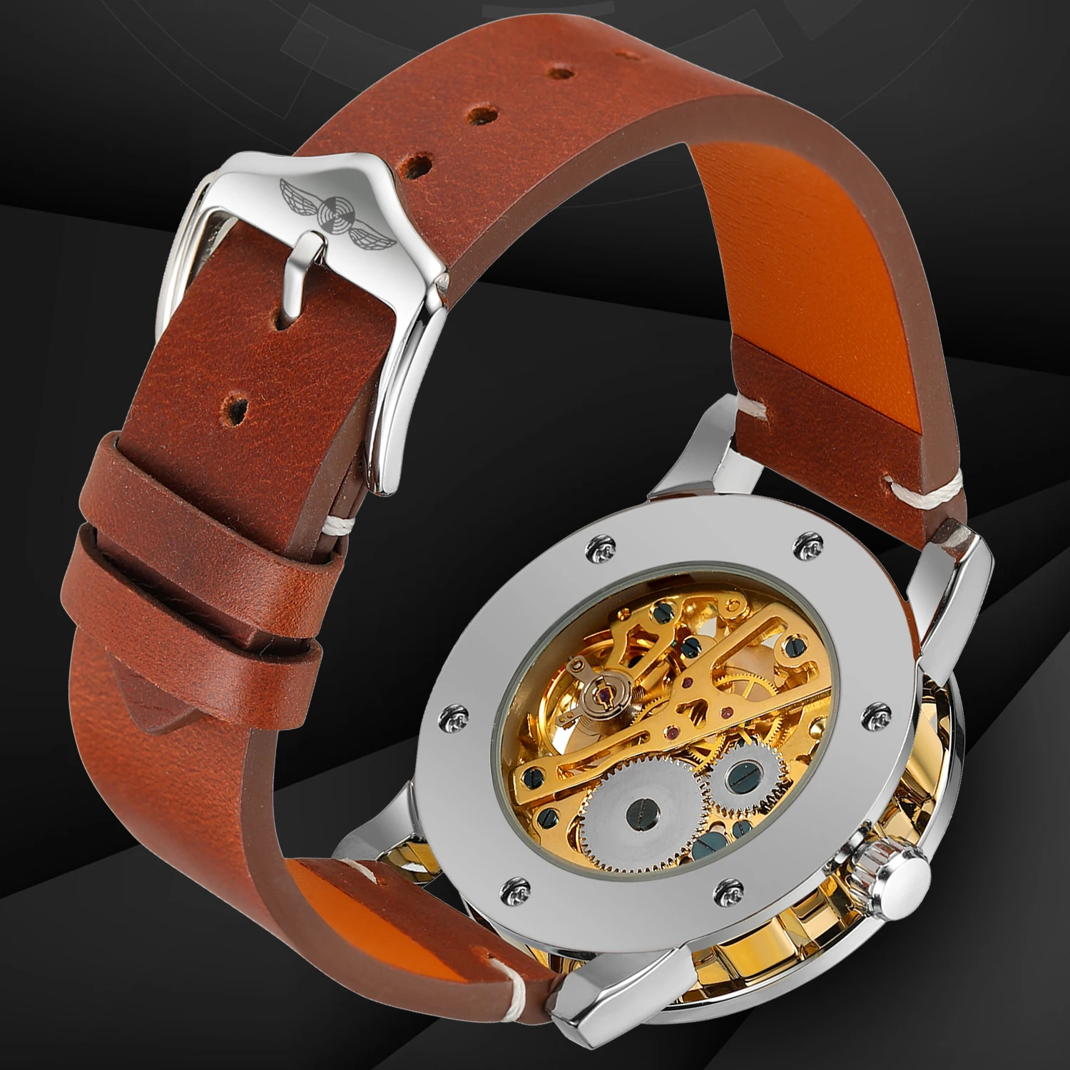 T-WINNER Classic Men's Manual Winding Mechanical Watch with Luminous Hands Luxury Gold-Tone Skeleton Case Retro Leather Strap