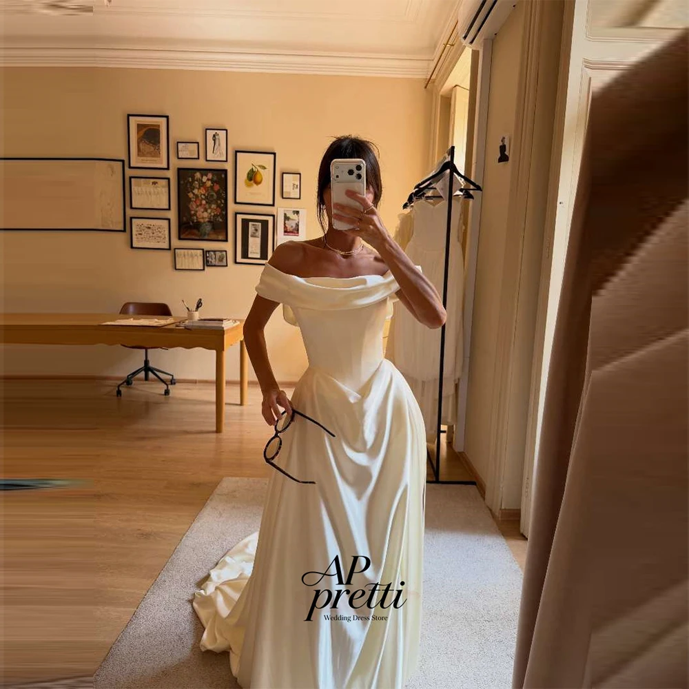 AP pretti Simple Soft Satin Wedding Dresses Off the Shoulder Customized Strapless Court Train Bridal Gown Vestidos Novias Boda  