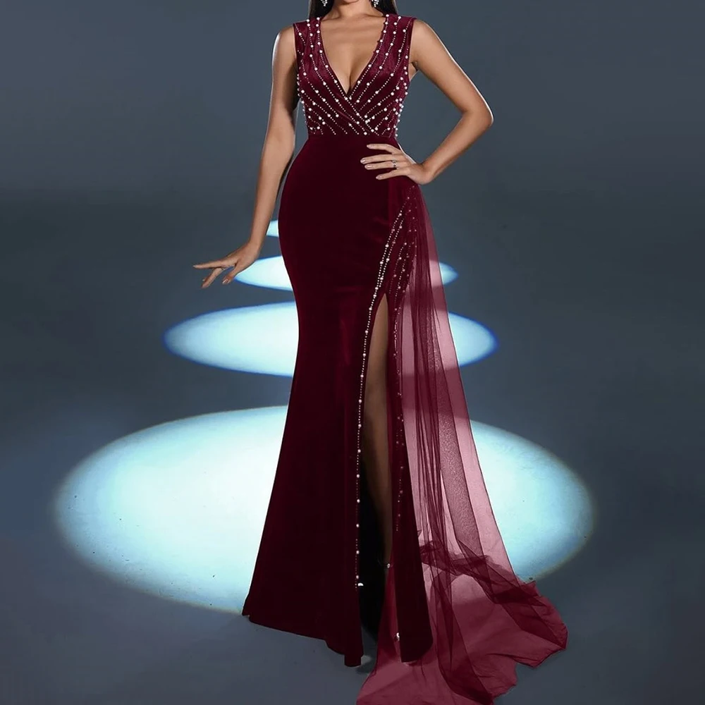 

Customized A-line Evening Dresses Floor-length V-neck Sleeveless Prom Gown Fashion Beading Crystal Simple Draped Party Gown