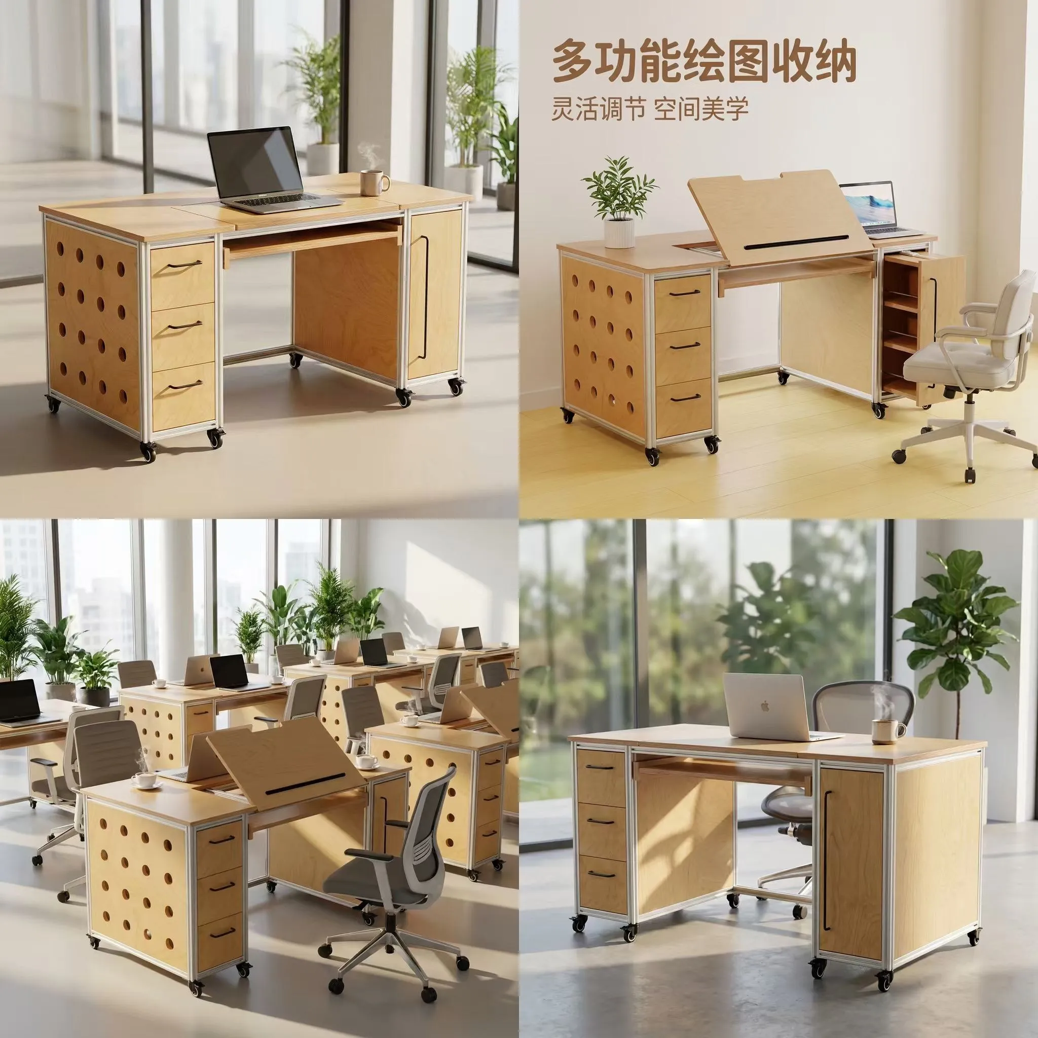Industrial Modern Minimalist Birch Wood Office Desk with Drawers Mobile Workstation Sturdy Large Capacity