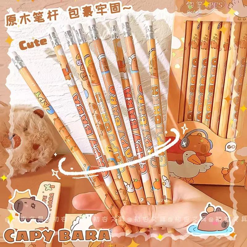 2Set Capybara Cartoon Pencil With Eraser HB Sketch Items Drawing Stationery Student School Office Supplies children's day gift