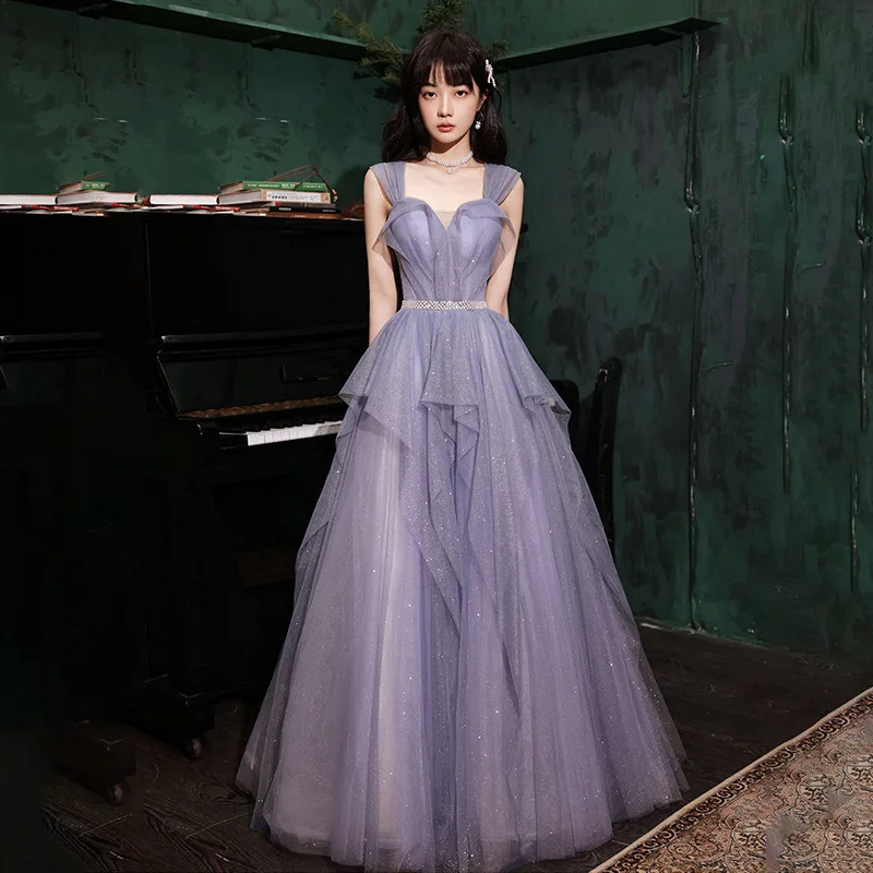 2025 Neues Damen-Sommerkleid mit lila Trägern und Glitzer, elegantes Bankett-Abendkleid, modischer Look, dünn, normales Tragen, langes Netzkleid