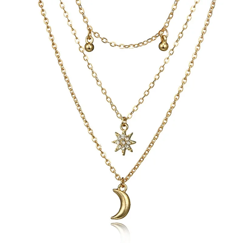 Bohemian Multi Layered Necklaces for Women Vintage Moon Cross Tree Star Pendant Chains Statement Choker 2023 Fashion Jewelry