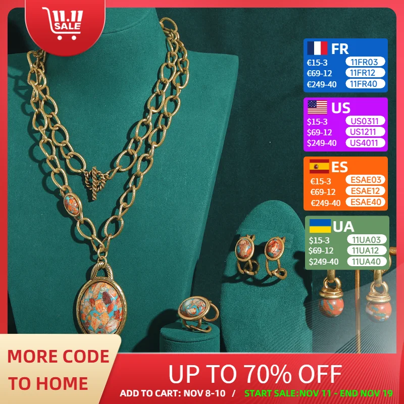 

Vintage Jewelry Set Oval Natural Stone Nautical Map Designers Pendants And Necklaces Earrings Antique Gold Color Women Ring 2025